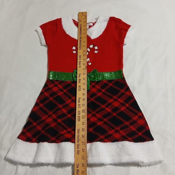 Ugly Christmas Sweater Dress Large (10/12) CanDY Canes Plaid Skirt Sequin Bow - Picture 8 of 11